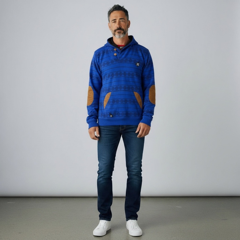 10 Deep Pullover Hoodie Size 2XL‎ Blue Elbow & Pocket Patches Aztec Pattern